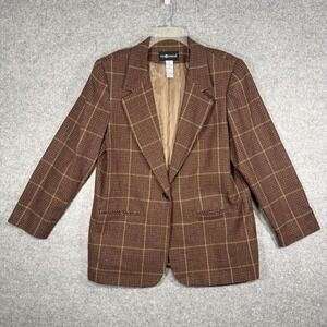 Sag Harbor Blazer Women 16 Brown Plaid Wool Blend Single Button F03141